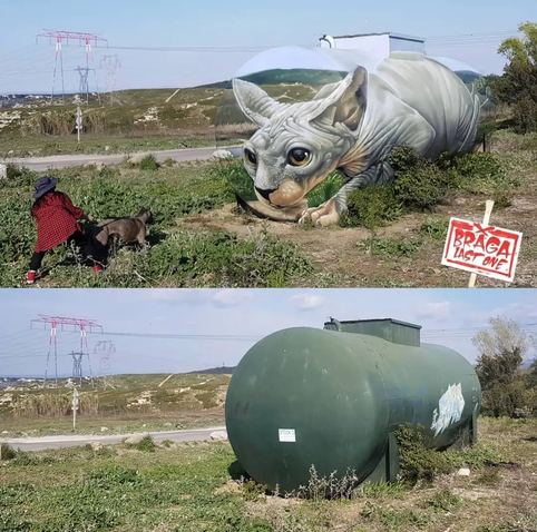 A 3D anamorphic street-art illusion by Braga Last1 (Tom Bragado Blanco) painted onto an old gas tank. The mural depicts a life-sized sphynx cat crouching low, its muscular body merging with a painted grassy field that extends around the tank. The cat’s skin is depicted in subtle tones of grey and beige, its contours shaded to appear three-dimensional.
The illusion is so convincing that from certain angles the cat seems to emerge from the tank itself. Surrounding grasses and weeds are painted around the base, blending real and painted elements seamlessly. The gas tank’s cylindrical shape is cleverly used to distort perspective, making the cat appear naturally integrated, as if it truly sits in that environment. The artwork exemplifies Braga Last1’s mastery of trompe-l’œil and his ability to transform mundane structures into visual paradoxes.
Via https://streetartutopia.com/2025/09/28/street-art-3d/