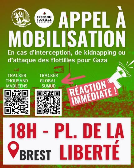 fond vert clair ec⛵🇵🇸 ✊ APPEL A MOBILISATION
en cas d'interception, de kidnapping ou d'attaque des flotilles vers #Gaza Rdv 18h place de la liberté à Brestiture blanc et rouge
