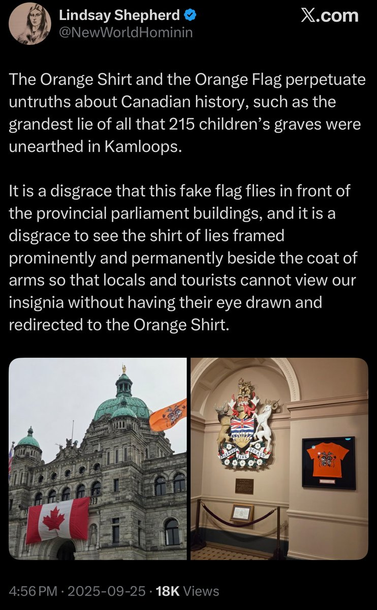 Social Media post on X calling the flag for residential school survivors a disgrace and the orange shirt a 'shirt of lies.'