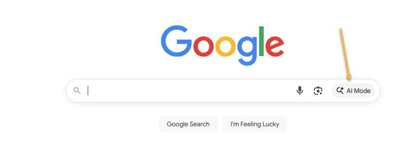 A picture of Google's home page with a yellow arrow with a drop shadow point ot the AI Mode button at the far right of the search box that...  works amazingly well.