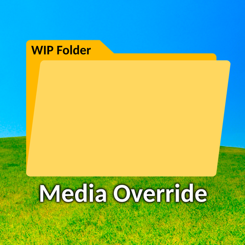 A file folder icon over a grassy field and blue sky. The file name is Media Override.