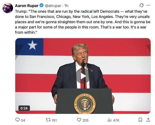 Trump: "The ones that are run by the radical left Democrats -- what they've done to San Francisco, Chicago, New York, Los Angeles. They're very unsafe places and we're gonna straighten them out one by one. And this is gonna be & major part for some of the people in this room. That's a war tco. It's a war from within."