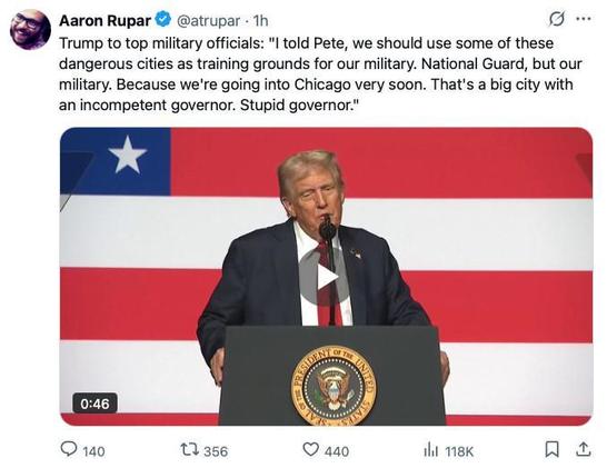 Trump to top military officials: "I told Pete, we should use some of these dangerous cities as training grounds for our military. National Guard, but our military. Because we're going into Chicago very soon, That's a big city with an incompetent governor. Stupid governor.”
