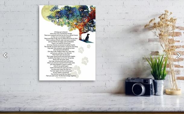Colorful tree with a dog under it and the Rainbow Bridge Poem.  Art by Sharon Cummings.  Poem written in a contemporary fashion that is gender neutral.