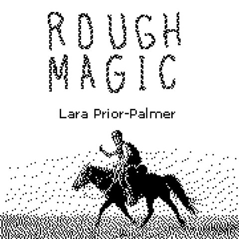 a black and white pixelly drawing /photo collage of the book cover ‘rough magic’ by lara prior-palmer. a figure is astride a horse along a meadow.