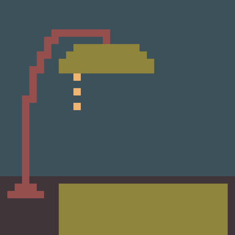 A pixel art image of a green library lamp on a green table.