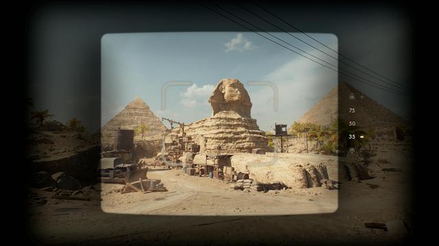 Scene from the game Indiana Jones and the Great Circle. A view of the Sphinx through Indy's camera viewfinder.
