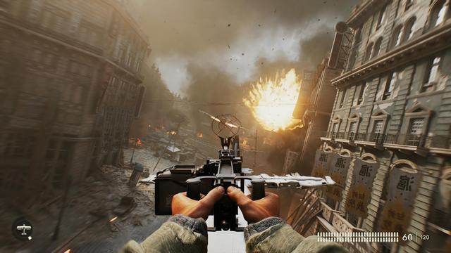 Scene from the game Indiana Jones and the Great Circle. First person perspective shooting from the back of a biplane as it flys through the streets of Shanghai.