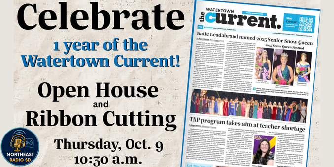 Celebrate 1 year of Watertown Current! Open House and Ribbon Cutting on Thursday, Oct. 9 at 10:30 a.m. Features newspaper design.