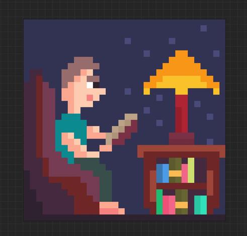 Pixel art of a guy reading a book at a lamp light.