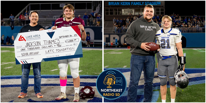 Two images: Left, a student holding a scholarship check on a football field. Right, two people on a field, one in uniform. Stadium in the background.