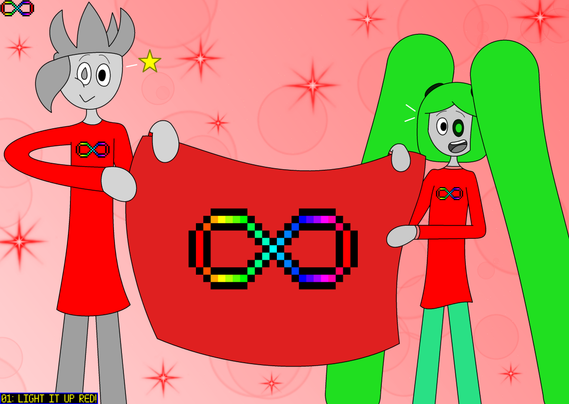 AUCTOBER 2025
01: Light It Up Red!
Mercury and Technetium both happily hold a single big red flag from opposite sides. The red flag in question shows a rainbow infinity, the #ActuallyAutistic symbol.