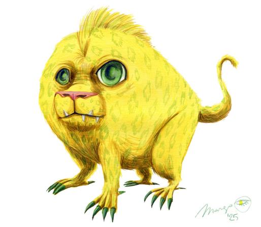 A drawing/painting of a yellow, furry monster on a white background. The monster has a lion, cat-like face with a pink nose and big green eyes. It has a furry yellow mane comb on its back. It is rather round, with four legs and paws, a bit like a bird with green claws. Its yellow fur has a soft, green leopard motif. He is first painted in gouache and then finished with coloured pencils.