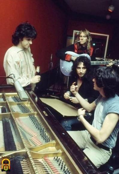 Alice Cooper, Donovan, Glen Buxton and Bob Ezrin during the recording of Billion Dollar Babies in 1972. Donovan duets with Cooper on the title track.