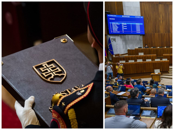 Collage of an image closeup on the Slovak constitution carried by a person in a unifrom with gloves alongside another image of the Slovak Parliament room with people sitting behind computers with a bigger blue screen showing voting numbers at the top