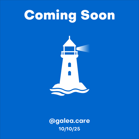 Blue graphic: 'Coming Soon' with white lighthouse logo. Text below: '@galea.care – 10/10/25'.