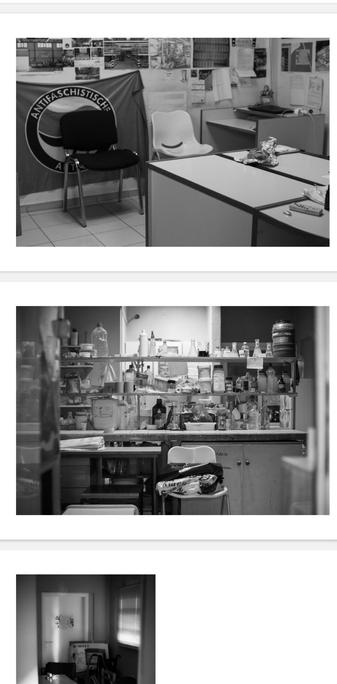 Schwarzrweißfotos, ein Büro, Antifa-Fahne, ein Tisch; Regal- und Tischaufbau in der Labor mit Gefäßen und Flaschen, ein Stuhl.