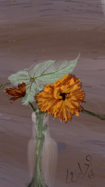Ilustración digital de un florero con ramas y flores de calendulas que encontre en mi patii luego de una tormenta.
Utilicé pinceles del tipo óleo.
Ludzi 2025