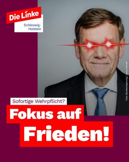 Bild:
Außenminister Wadephul mit rot leuchtenden Augen.

Text: 
Sofortige Wehrpflicht?
Fokus auf Frieden!