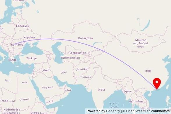 A map showing the great circle route from Cheile Cibului in Romania to a map pin at Shatin Anglican Church, 10 Tak Po Street, Yuen Chau Kok, 000000 Hong Kong, China