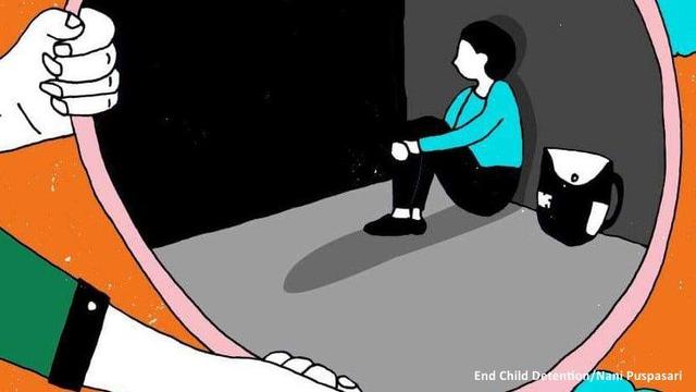 Ein Kind sitzt allein auf dem Boden eines kahlen, fensterlosen Raumes. Man betrachtet es durch ein Art Loch im Bild, das von zwei Händen gehalten wird.