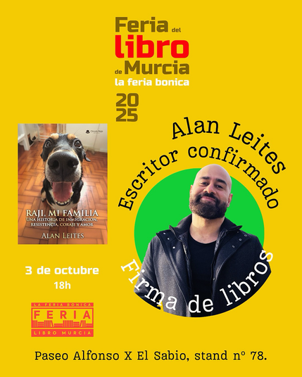 ¡Nos vemos en la Feria del Libro de Murcia! El próximo 03 de octubre estaré en la Feria del Libro de Murcia, su Feria Bonica, firmando ejemplares de mi libro “Raji, Mi familia: Una historia de inmigración, resistencia, coraje y amor” Gracias por tanto cariño. ¡Nos vemos muy pronto! 🌻 #FeriaDelLibroMurcia #Murcia  #FirmaDeLibros #AlanLeites #famlia #RajiMiFamilia #familiamultiespecie  #libros #books #inmigración #vegan 
