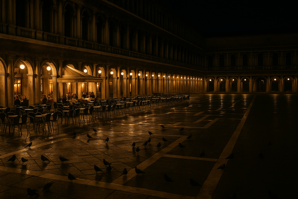 Venecia nocturna__Fachada nocturna del Caffè Florian vista desde la plaza. Bajo los arcos de las Procuratie Nuove brillan las luces cálidas del histórico café, que destacan en contraste con la oscuridad de la noche y convierten el lugar en un punto elegante y acogedor en San Marco.