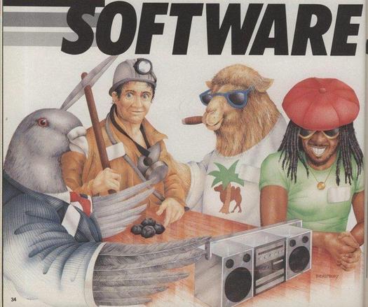 A banner says "software." underneath is a giant pigeon in a suit, a miner, a camel smoking a cigar, and a man in dreadlocks looking at a boom box. 