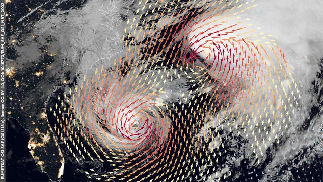 Winds retrieved from the HY-2C satellite over-imposed on GOES-19 earth view.
