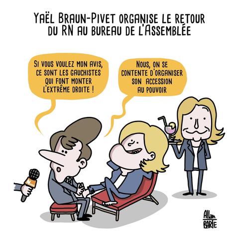 Titre :  Yaël Braun-Pivet organise le retour du RN au bureau de l’Assemblée

Emmanuel Macron assis sur un petit tabouret, masseles pieds de Marine Le Pen confortablement allongé sur une méridienne rouge, l’air détendu et satisfait.
À côté, Yaël Braun-Pivet se tient debout, souriante, tenant un cocktail coloré avec une paille et une tranche de citron
Macron s’adresse à un micro de journaliste et déclare :
- Si vous voulez mon avis, ce sont les gauchistes qui font monter l’extrême droite !
- Nous, on se contente d’organiser son accession au pouvoir.