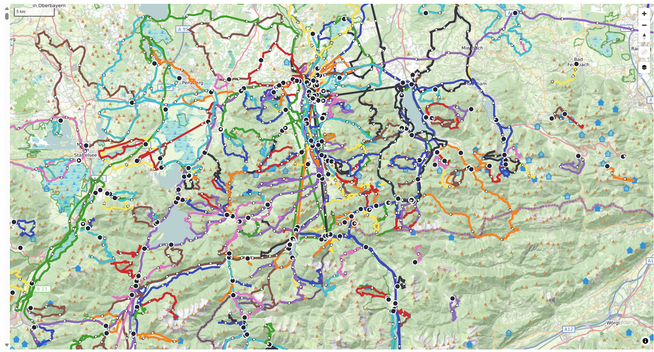 a map showing a several GPS tracks.
Each track is a cycling or hiking route that I did.
The map is pretty filled with the tracks