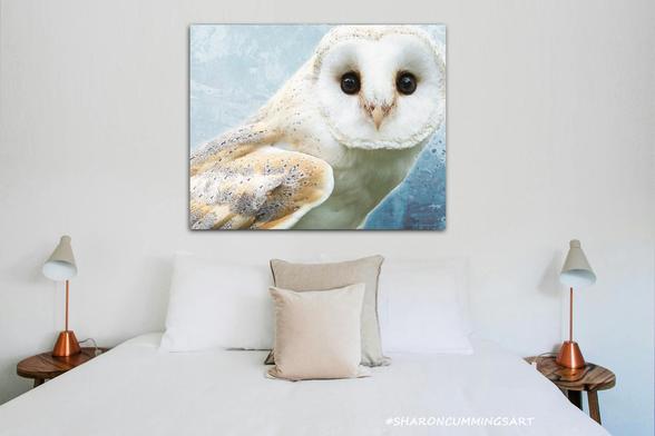Soft white barn owl on blue watercolor in a bedroom setting by artist Sharon Cummings.
