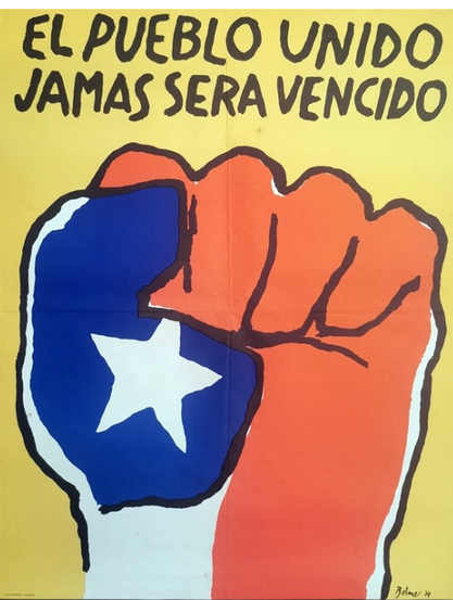 poster of a raised fist, with text: "El Pueblo Unido Jamás Será Vencido!"