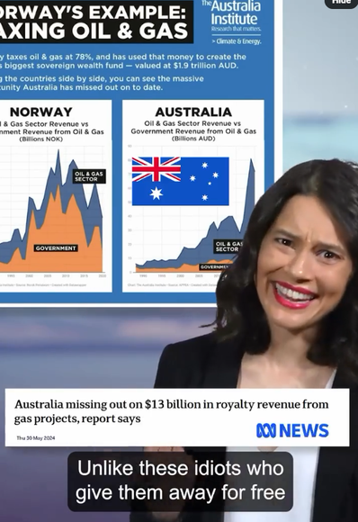Video frame about OIL & GAS comparing NORWAY vs AUSTRALIA
NORWAY IS TAXING FOSSIL FUELS 
"abcNews snippet: Australia missing out on $13 billion in royalty revenue from gas projects, report says" 
video commentary : Unlike these idiots who give them away for free"
