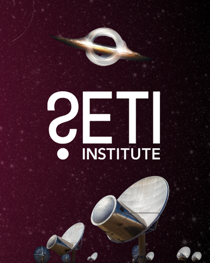 SETI Institute logo. Graphics: (top) Black hole. (bottom) radio telescope dishes at the Allen Telescope Array. Background: Starry night sky.
