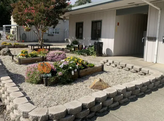Garden outside a light-colored building with raised flower beds of colorful blooms, a tree with hanging baskets, gravel ground cover, and a small “Welcome” pumpkin sign.