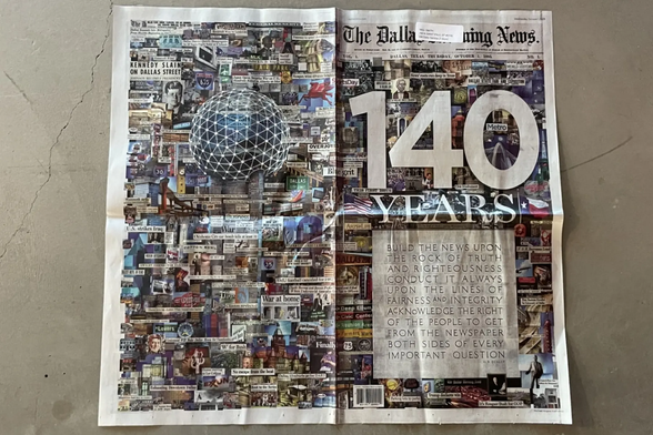 "The Morning News celebrates 140 years. Count this as another victory for print. If you haven’t yet seen it, the physical version of the paper today does something that can’t be replicated online. To celebrate their anniversary, the folks at the News published a wraparound front page with a huge, beautiful illustration created by Michael Hogue. On the inside, they printed a replica of their very first all-text front page, from 1885. A story with a dateline from Baird, Texas, caught my eye: “AN ATTEMPTED OUTRAGE. Bold Assault of a Tramp on a Hotel Chambermaid at Baird—He is Followed Westward, Captured and Jailed. Quite an excitement was created here last night by the entrance of a tramp, who gave his name as Af. Wilson, into the apartments of one of the chambermaids at the Commercial Hotel and attempting to outrage her. The tramp came here Wednesday and was employed as dishwasher at the hotel. He entered the room in bare feet, carrying a large butcher knife in his hand. He approached the bed of the maid and arousing her, said: ‘If you make any noise I will kill you.'” There’s more. If you’re a design and/or journalism geek, this is one worth getting your hands on."

- Tim Rogers

https://www.dmagazine.com/micropost/the-morning-news-celebrates-140-years/