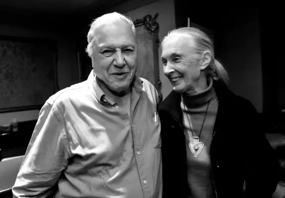 Sir David Attenborough and Jane Goodall together in 2010.
B&W