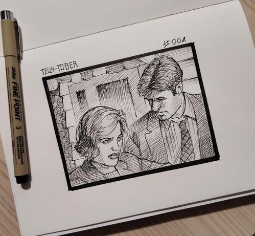 An ink doodle of a scene from the TV show X-files showing Mulder and Scully