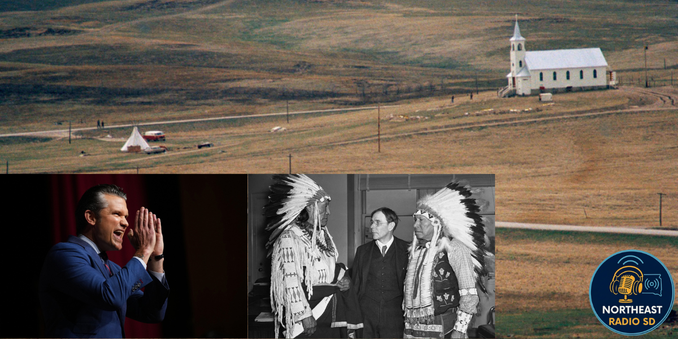 Rural landscape with a white church and tipi. Two images show a man speaking and a vintage photo of men in feathered headdresses. Northeast Radio SD logo.