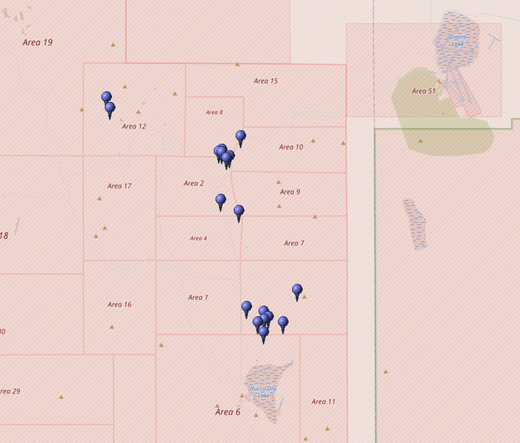 Kartierung aller Koordinaten von "Operation Arbor (Atomtest)" im Testgebiet Nevada (Nevada National Security Site, NNSS)
Quelle: OpenStreetMap
Lizenz: Open Data Commons Open Database-Lizenz (ODbL)