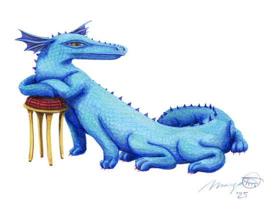 A blue monster painted and drawn on a white background. He looks a little like a cross-over between a lizard and crocodile, but he has at least 10 or 12 legs. He is a cyan-ultramarine blue with scales and hints of purple. Furthermore, he is leaning with his front legs on a little stool and looks over his shoulder, slightly annoyed. 