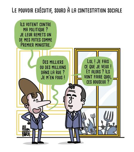 Dessin d'Allan BARTE 
Titre : Le pouvoir exécutif, sourd à la contestation sociale

Emmanuel Macron et son Premier ministre, debout dans un salon doré, devant une grande baie vitrée.
Macron, bras sur les hanches et large sourire :
- Ils votent contre ma politique ? Je leur remets un de mes potes comme Premier ministre. 
- Des milliers, des millions dans la rue ? Je m’en fous !
- Lol ! Je fais ce que je veux ! Et alors ? Ils vont faire quoi, ces bouseux ?

À l’extérieur, on distingue à travers la fenêtre une foule en colère brandissant des fourches et des torches.