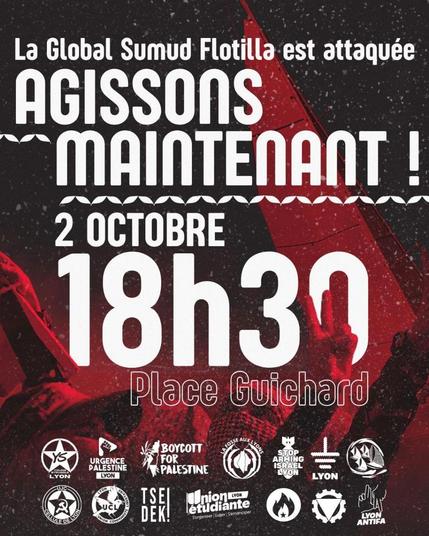 Visuel d'appel au rassemblement le 2 octobre à 18h30 place Guichard en soutient à la Global Sumud Flotilla pour Gaza.