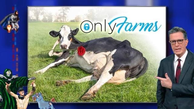 A humorous graphic featuring a cow resting on grass, adorned with a rose, alongside the text "OnlyFarms." A man in a suit gestures towards the image, suggesting a comedic theme. Background elements include cartoonish figures on the sides.