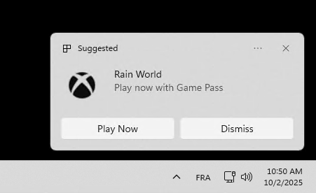 Notification de Windows 11 Pro invitant à prendre un abonnement Game Pass pour jouer à Rain World.......