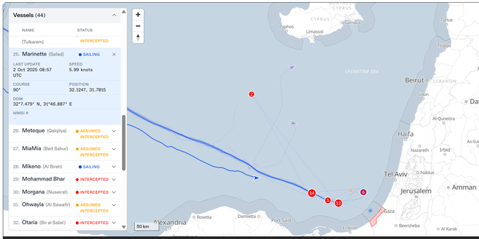 Screenshot of the Global Sumud Flotilla Tracker