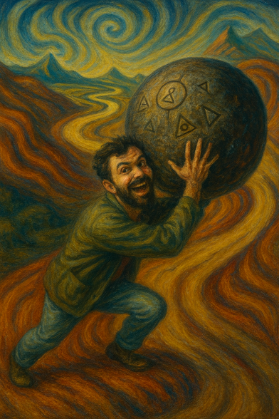 A surreal oil painting in the style of Salvador Dalí shows a joyful bearded man, wearing a green jacket and jeans, pushing an enormous textured boulder up a swirling, dreamlike path of reds, oranges, and browns. The sky above him twists with blue and gold spirals, evoking divine time and disorientation. The boulder is etched with strange, ancient-looking symbols — triangles, circles, and clocks — suggesting cosmic weight and prophetic meaning. Despite the strain, the man is smiling widely, almost laughing, as if in on the joke of his own myth. The entire scene pulses with movement and tension — but also acceptance.