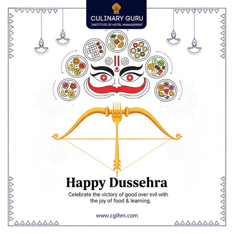 Culinary Guru® Happy Dussehra greeting with Ravana face made of food platters, golden bow and arrow, and festive lamps.