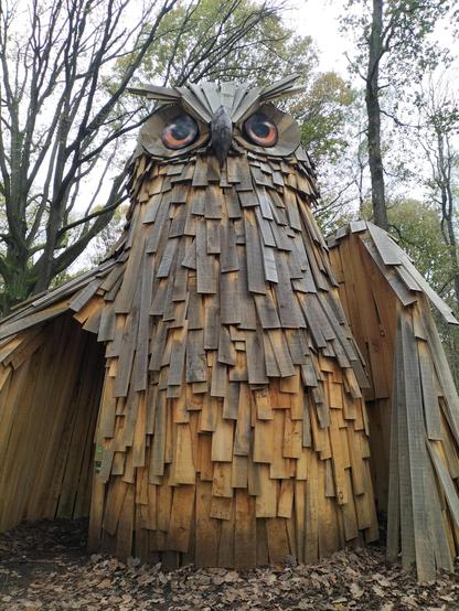 Grande sculpture en bois en forme de hibou aux yeux immenses orange et noirs. Les planches de bois imbriquées rappellent son plumage. La structure se dresse au milieu d’une forêt aux arbres dénudés, avec des feuilles mortes au sol